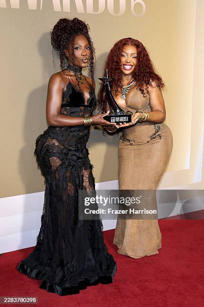 Doechii and SZA, winners of the BET Her Award for "Girl, Get Up", pose in the press room during the 2026 BET Awards at Peacock Theater on June 28,...