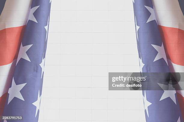folded us american flag design scroll as stage theatre curtain drapes over white checked lined page of paper notebook vector background for posters backdrops banners old vintage style us independence day 4th of july labor day veteran or memorial day - blue star pattern stock illustrations