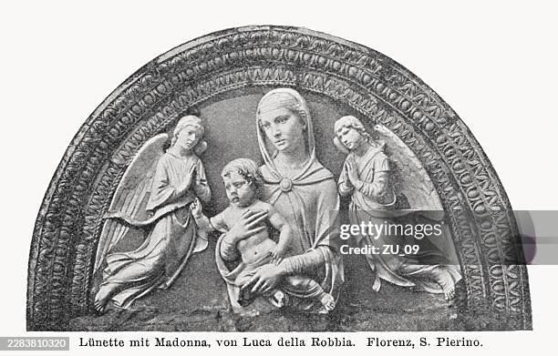 madonna, created by luca della robbia, florence, halftone print, 1898 - cherub statue stock illustrations