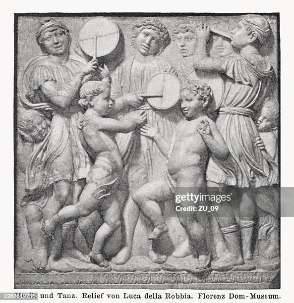 boys playing music, by luca della robbia, florence, halftone, 1898 - playing marbles stock illustrations