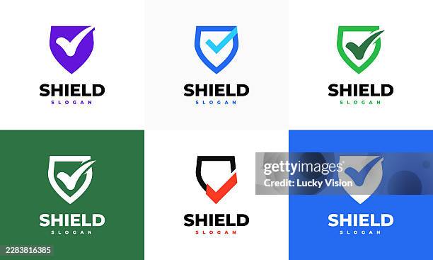 set of shield check logo designs concept, security technology logo symbol icon - shield logo stock illustrations