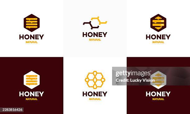 set of honey comb logo template design vector, emblem, honey design concept, creative symbol, hive digital vector icon symbol stock illustration - hive stock illustrations