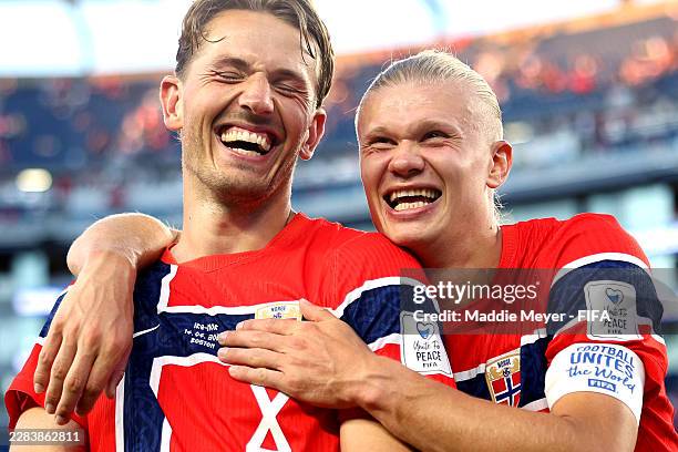 Erling Haaland of Norway celebrates with Sander Berge after the 4-1 win during the FIFA World Cup 2026 Group I match between Iraq and Norway at...