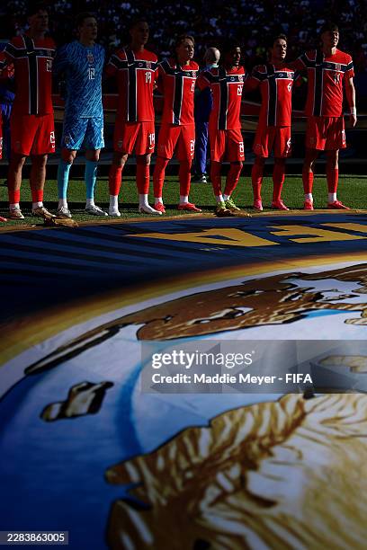 Norway players stand for the national anthem before the FIFA World Cup 2026 Group I match between Iraq and Norway at Boston Stadium on June 16, 2026...