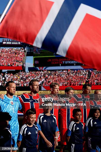 Norway players stand for the national anthem before the FIFA World Cup 2026 Group I match between Iraq and Norway at Boston Stadium on June 16, 2026...