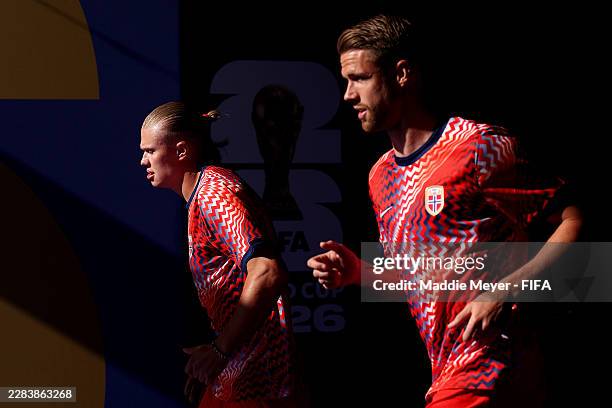 Erling Haaland and Kristoffer Ajer of Norway prepare to warm up before the FIFA World Cup 2026 Group I match between Iraq and Norway at Boston...