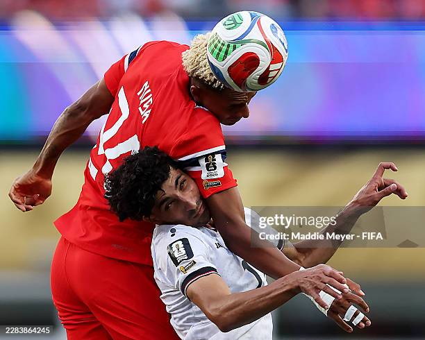 Antonio Nusa of Norway heads the ball against Ali Jasim of Iraq during the FIFA World Cup 2026 Group I match between Iraq and Norway at Boston...
