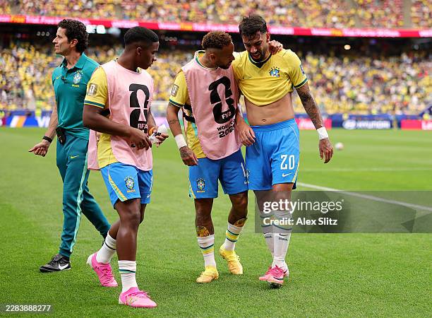Neymar Jr, Lucas Paqueta and Endrick of Brazil react at half time during the FIFA World Cup 2026 Round Of 32 match between Brazil and Japan at...