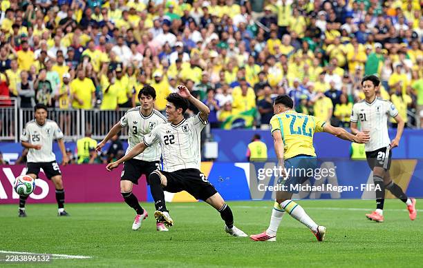 Gabriel Martinelli of Brazil scores his team's second goal during the FIFA World Cup 2026 Round Of 32 match between Brazil and Japan at Houston...