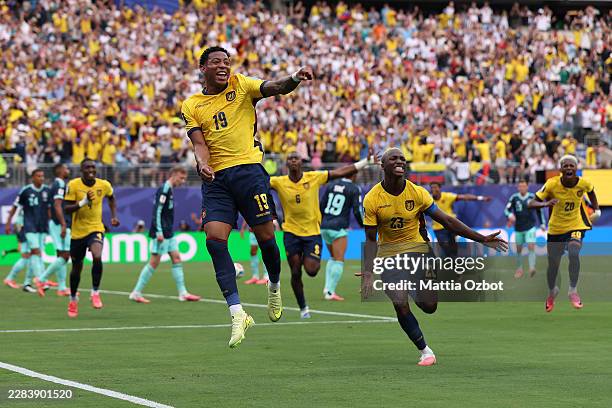 Gonzalo Plata of Ecuador celebrates scoring his team's second goal during the FIFA World Cup 2026 Group E match between Ecuador and Germany at New...