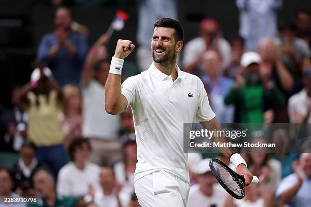 Novak Djokovic of Serbia celebrates against Yibing Wu of People's Republic of China during their Gentlemen's Singles first round match on day one of...