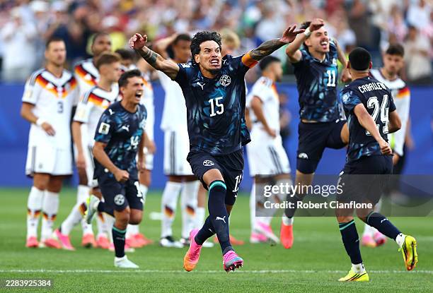 Gustavo Gomez of Paraguay celebrates after Jose Canale scores the winning penalty in a penalty shootout during the FIFA World Cup 2026 Round Of 32...