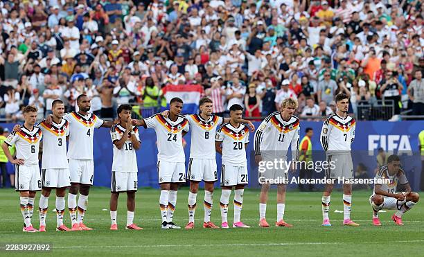 Germany players react in the penalty shootout during the FIFA World Cup 2026 Round Of 32 match between Germany and Paraguay at Boston Stadium on June...