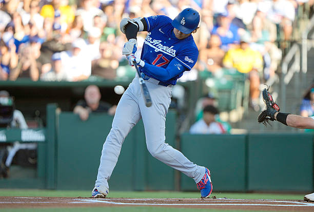 Shohei Ohtani of the Los Angeles Dodgers grounds out to first base against the Athletics in the top of the first inning at Sutter Health Park on June...