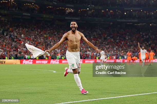 Ismael Saibari of Morocco celebrates scoring the team's fifth and winning penalty during hte penalty shootout in the FIFA World Cup 2026 Round of 32...