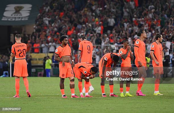 Players of the Netherlands show dejection after their defeat through the penalty shootout during the FIFA World Cup 2026 Round of 32 match between...