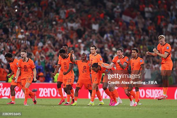 Players of Netherlands celebrate during the penalty shoot out during the FIFA World Cup 2026 Round of 32 match between Netherlands and Morocco at...