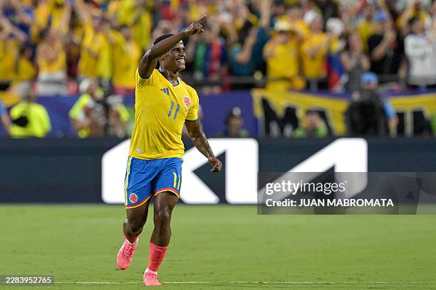 Colombia's midfielder Jhon Arias celebrates scoring his team's first goal during the 2026 World Cup round of 32 football match between Colombia and...