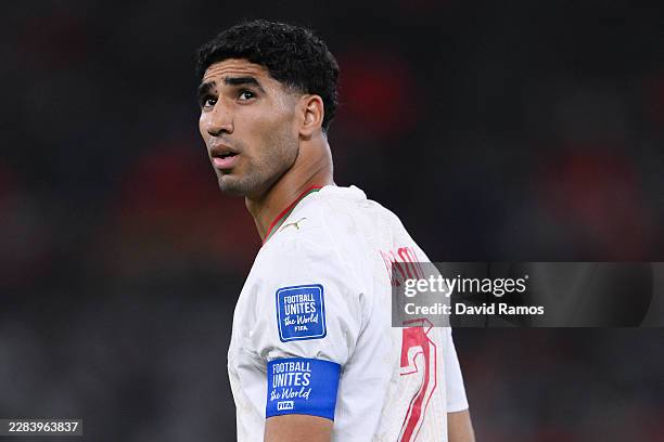 Achraf Hakimi of Morocco looks on during the FIFA World Cup 2026 Round Of 32 match between Netherlands and Morocco at Monterrey Stadium on June 29,...