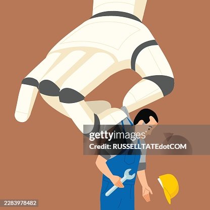 Robotic Artificial Intelligence Hand Picking up and Controlling Mechanic Worker and putting him out of work, Concept Illustration for Automation and Job Displacement Robotic Artificial Intelligence Hand Picking up and Controlling Mechanic Worker and putting him out of work, Concept Illustration for Automation and Job Displacement