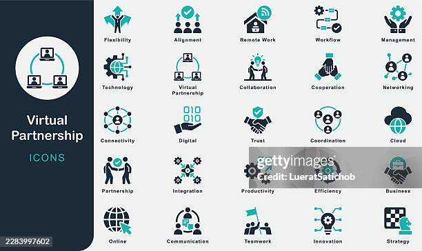 virtual partnership solid icons collection.containing virtual, partnership, collaboration, communication, connectivity, coordination, alignment, technology, flexibility, remote, teamwork, networking - remote collaboration stock illustrations