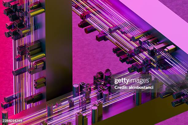 city buildings and skyscrapers, modern architecture in a futuristic smart city with neon light trails - 6g stock pictures, royalty-free photos & images