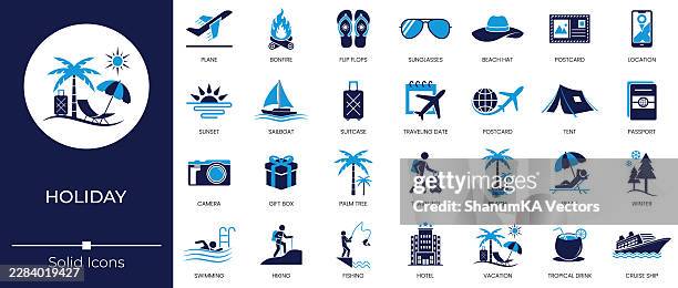 blue solid summer & winter vacation icon set featuring beach holidays, swimming, hiking, camping, fishing, road trips, cruises, air travel, hotels, passports, sunsets, palm trees, snow adventures, tourism and travel destinations - winter beach stock illustrations