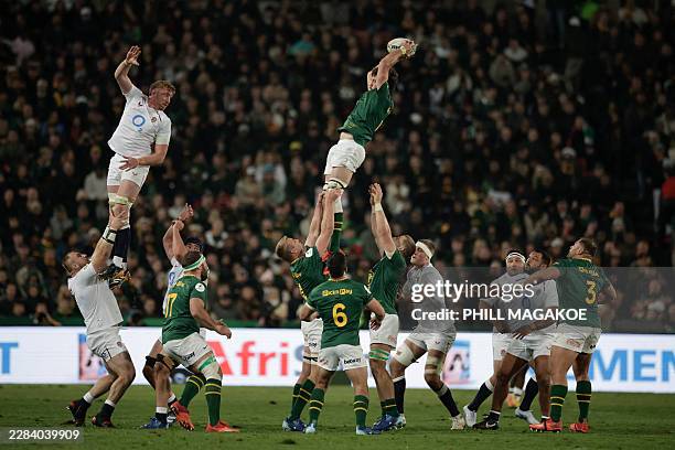South Africa's lock Ruan Nortje catches a line out during the rugby Nations Championship match between South Africa and England at Ellis Park Stadium...