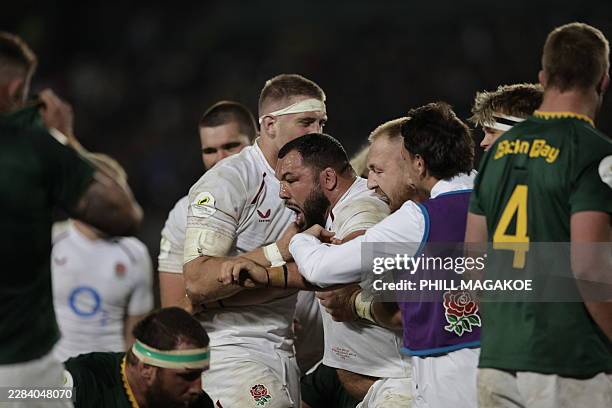 England's prop Ellis Genge celebrates after scoring a try during the rugby Nations Championship match between South Africa and England at Ellis Park...