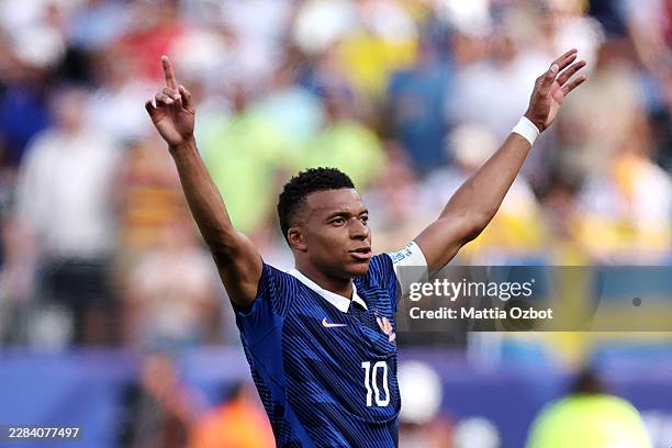 Kylian Mbappe of France celebrates scoring his team's first goal during the FIFA World Cup 2026 Round Of 32 match between France and Sweden at New...