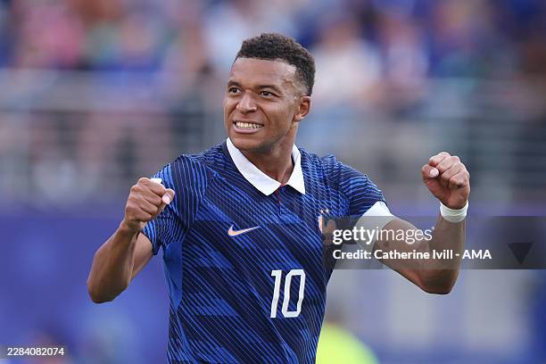 Kylian Mbappe of France celebrates after scoring a goal to make it 3-0 during the FIFA World Cup 2026 Round Of 32 match between France and Sweden at...