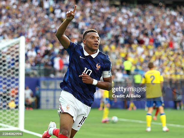 Kylian Mbappe of France celebrates scoring his team's third goal during the FIFA World Cup 2026 Round Of 32 match between France and Sweden at New...