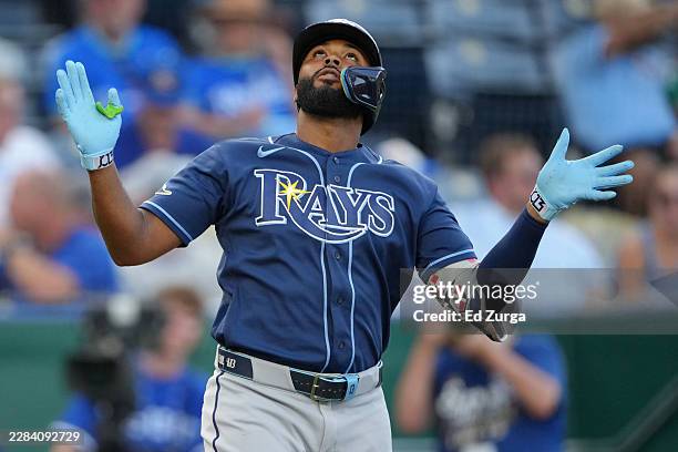 Junior Caminero of the Tampa Bay Rays celebrates his three-run home run against the Kansas City Royals in the third inning at Kauffman Stadium on...