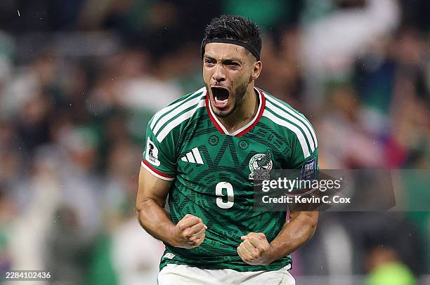Raul Jimenez of Mexico celebrates scoring his team's second goal during the FIFA World Cup 2026 Round Of 32 match between Mexico and Ecuador at...