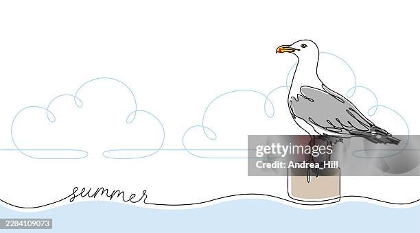 seagull on a post by the sea, continuous line drawing banner with color elements, summer text and copy space - lake dock stock illustrations