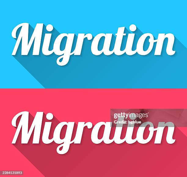migration - flat design with long shadow on blue and red background - migrate 3d stock illustrations