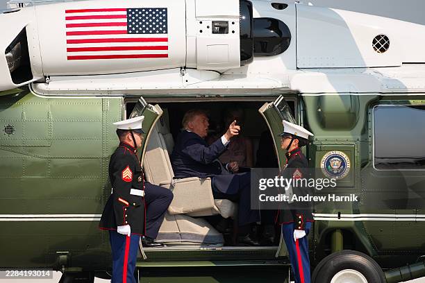 President Donald Trump boards Marine One as he arrives at Bismarck Municipal Airport on July 01, 2026 in Bismarck, North Dakota. While in North...