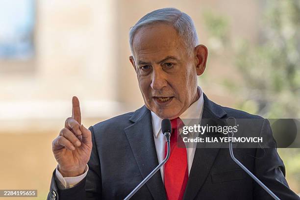 Israel's Prime Minister Benjamin Netanyahu speaks during a cornerstone laying ceremony for the Atarot Heritage Center at an abandon airport in East...