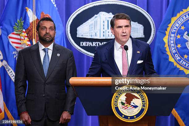 Acting U.S. Attorney General Todd Blanche speaks alongside Federal Bureau of Investigation Director Kash Patel during a news conference at the Robert...