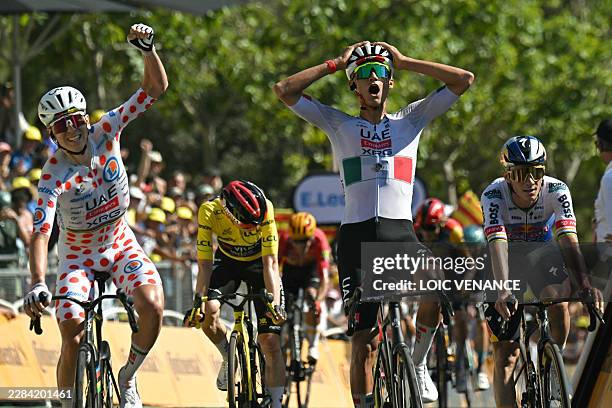 Team Emirates - XRG's Mexican rider Isaac Del Toro cycles to the finish line to win the 2nd stage ahead of UAE Team Emirates - XRG's Slovenian rider...