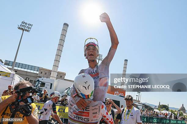 Team Emirates - XRG's Mexican rider Isaac Del Toro celebrates after winning the 2nd stage of the 113th edition of the Tour de France cycling race 5...