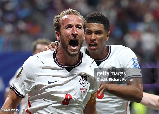 Harry Kane of England celebrates with teammate Jude Bellingham after scoring his team's first goal during the FIFA World Cup 2026 Round Of 32 match...