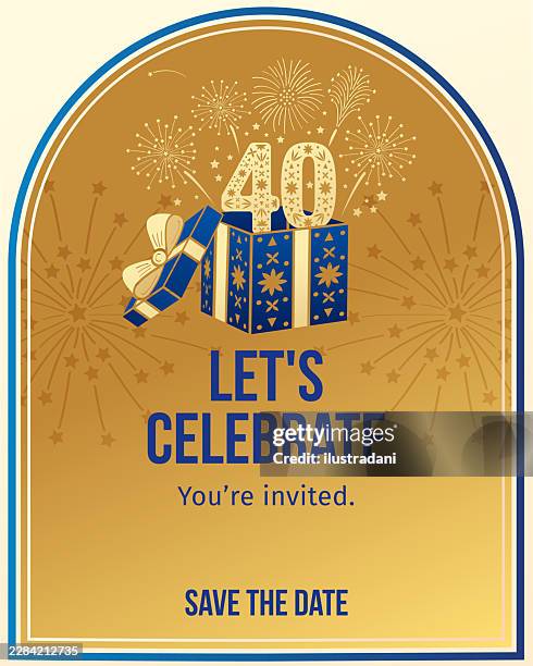 40 years luxury blue gift box open with fireworks and ornamental decoration social media post template gold background - premium box packaging stock illustrations