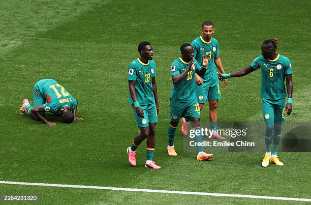 Habib Diarra of Senegal celebrates scoring his team's first goal during the FIFA World Cup 2026 Round Of 32 match between Belgium and Senegal at...