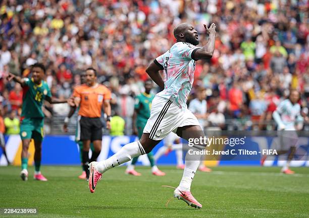 Romelu Lukaku of Belgium reacts after scoring the team's first goal during the FIFA World Cup 2026 Round Of 32 match between Belgium and Senegal at...