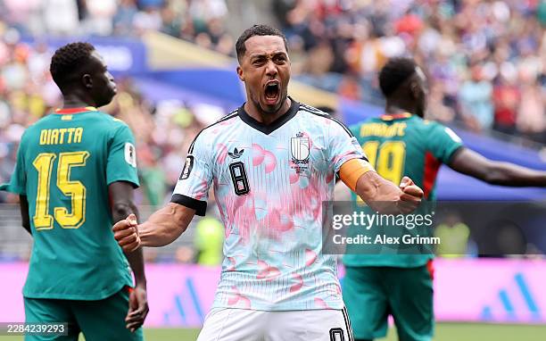 Youri Tielemans of Belgium celebrates scoring his team's second goal during the FIFA World Cup 2026 Round Of 32 match between Belgium and Senegal at...