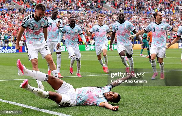 Youri Tielemans of Belgium celebrates scoring his team's third goal during the FIFA World Cup 2026 Round Of 32 match between Belgium and Senegal at...