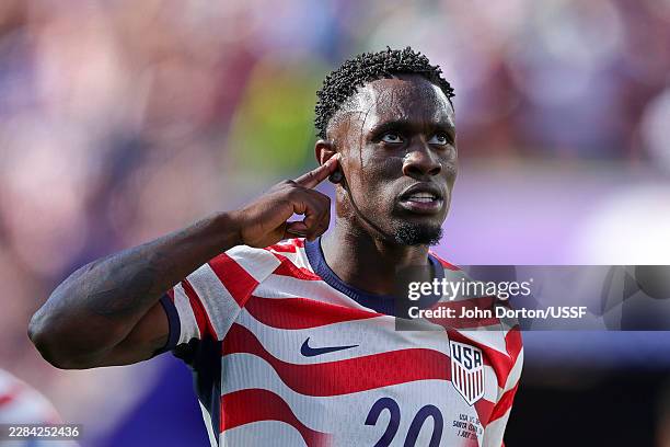 Folarin Balogun of the United States celebrates scoring his team's first goal during the FIFA World Cup 2026 Round of 32 match between USA and Bosnia...