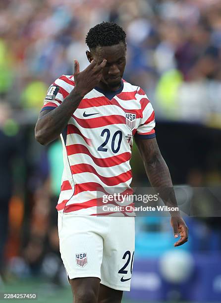 Folarin Balogun of the United States reacts to receiving a red card for a foul on Tarik Muharemovic of Bosnia and Herzegovina during the FIFA World...
