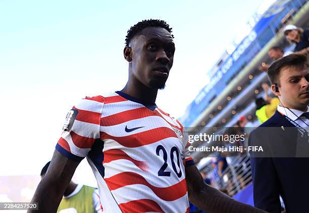 Folarin Balogun of the United States reacts to receiving a red card for a foul on Tarik Muharemovic of Bosnia and Herzegovina during the FIFA World...